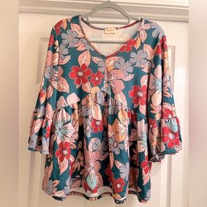 Floral V-Neck Blouse with Bell Sleeves